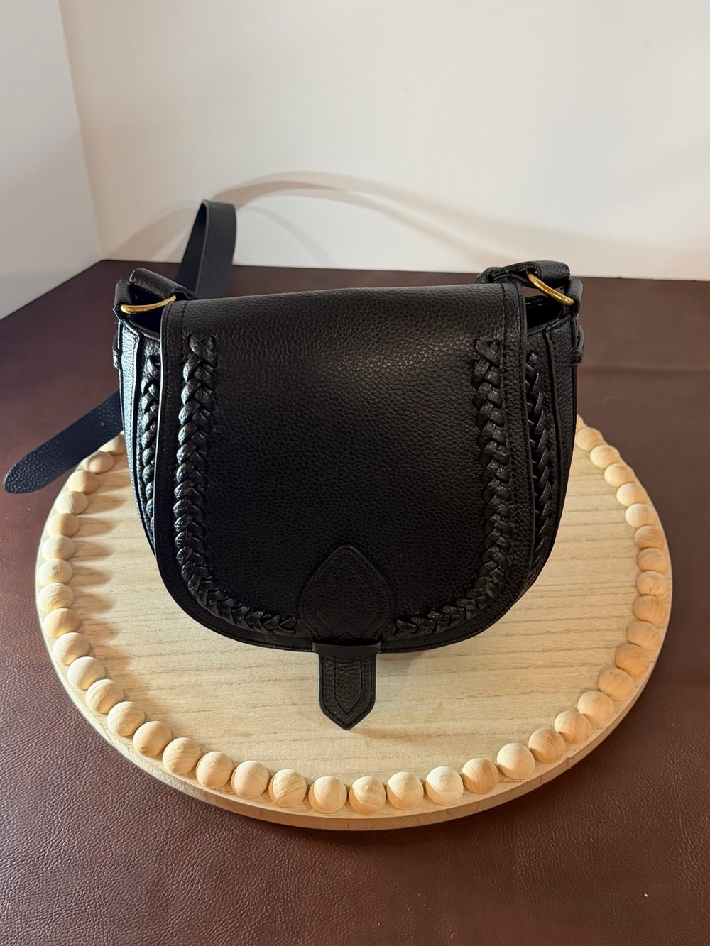 Oliver Bonas Black Saddle Bag Braided Whipstitch Crossbody Purse